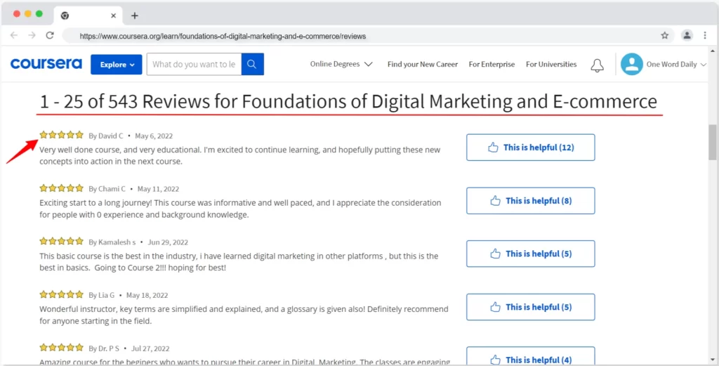 Coursera users reviews for Google Digital Marketing and E-Commerce Professional Certificate Review