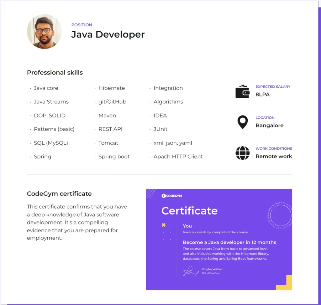 CodeGym review: certificate of compliance and resume