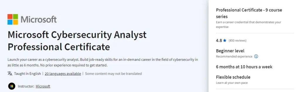 best cybersecurity courses for beginners: Microsoft Cybersecurity Analyst Professional Certificate