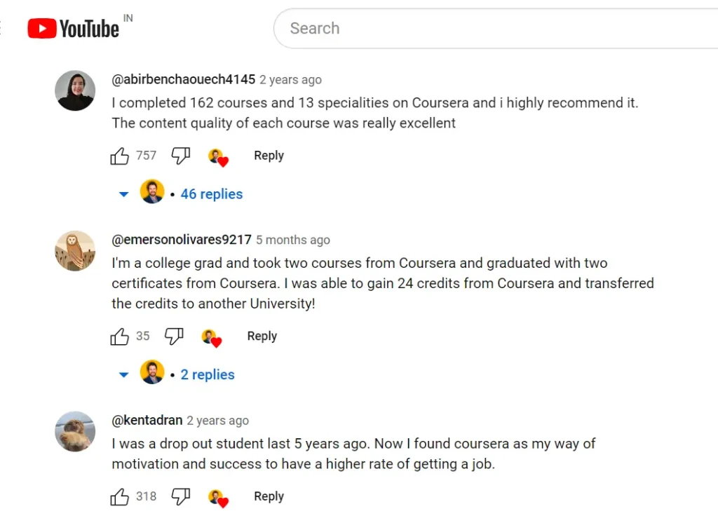 Coursera reviews by users : A screenshot shared featured Coursera reviews by users on YouTube