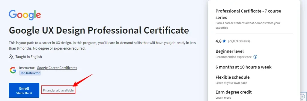 Coursera Financial Aid Option on Coursera UX Design Professional Certification Program