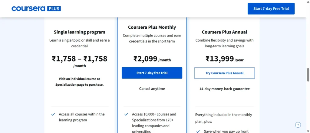 Coursera cost (India): Individual courses & Subscription plan