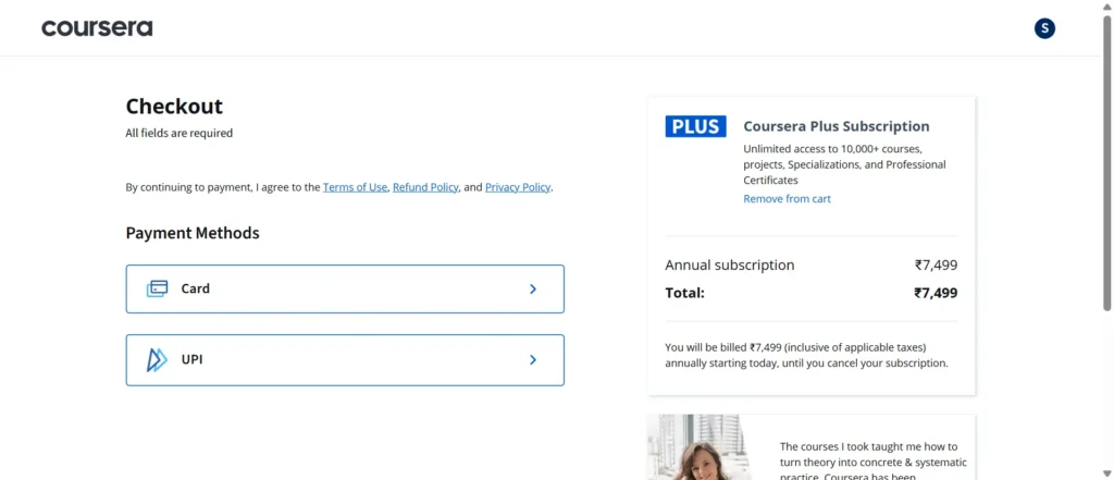 Coursera Plus INR 7,499 Holi Offer - Checkout