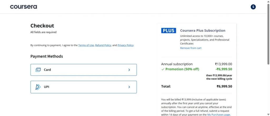 Coursera Plus INR 6,999 Early Bird Offer - Checkout